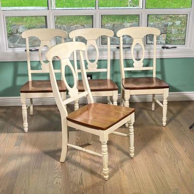 (4PC) WHITE-PAINTED DINING CHAIRS | Solid, sturdy, white-painted side chairs with stained wood seats. - l. 23 x w. 18 x h. 38.5 in
