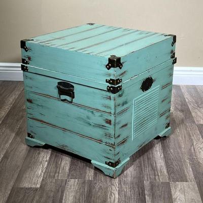 AQUA BLUE WOODEN CHEST | Painted square wooden storage chest with brass accents on corners and painted inside. - l. 19 x w. 19 x h. 19.75...