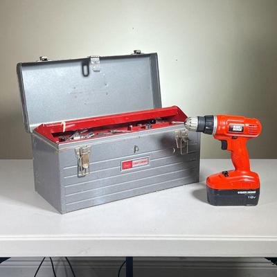 CRAFTSMAN TOOLBOX & B&D DRILL | Toolbox includes Craftsman sockets, Husky socket wrench, assorted tools; plus, a cordless B&D Drill [has...
