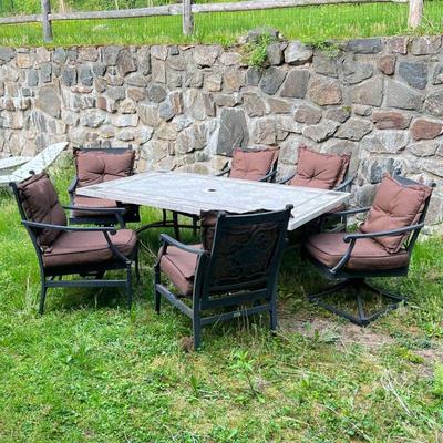 (7PC) PATIO TABLE & CHAIRS | Outdoor dining and lounge suite by Martha Stewart, black aluminum arm chairs with spring seats, cushions,...