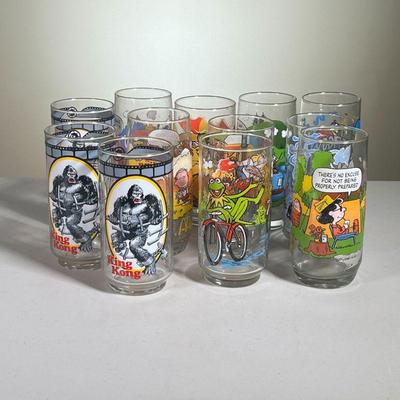 (12PC) MCDONALD'S PROMOTIONAL GLASSES | Glasses feature: Mrs. Piggy and other Muppets from The Muppets Great Caper, The Smurfs, Charlie...