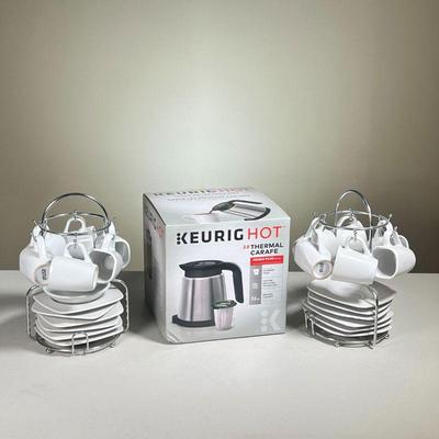 (3PC) KEURIG CARAFE AND ESPRESSO CUPS | Keurig Carafe for use with Keurig Plus series brewers. New in box Two sets of Imusa pottery...