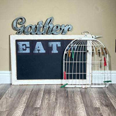 (3PC) DECORATIVE SIGNS | Includes: metal & wood “Gather” sign, birdcage decoration with clothespins, and blackboard “EAT” sign with white...