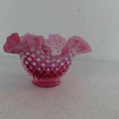 Vintage Fenton French Opalescent Hobnail Ruffled Edge Bowl - Cranberry 