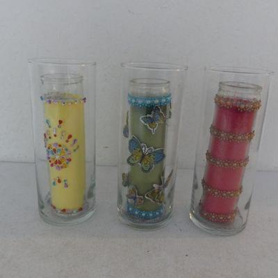 Set of 3 Decorated Jar Candles in Cylinder Vases