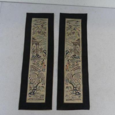 Antique Chinese Hand Embroidered Silk Pair of Banners - 6Â½