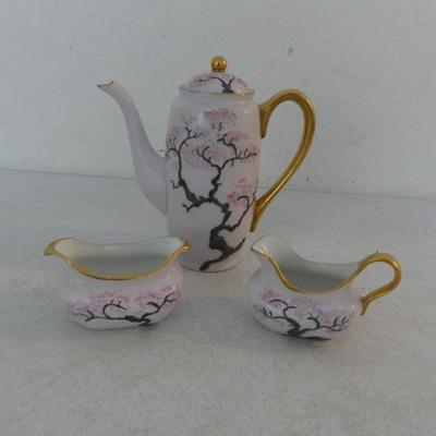 Hand Painted Teapot, Creamer & Open Sugar Bowl - Cherry Blossom Design - Bottom Signed 