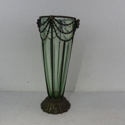 Antique 19th Century Twisted Bronze Bubble Swag Royal Vase with Green Blown Glass Insert	Antique 19th Century Twisted Bronze Bubble Swag...
