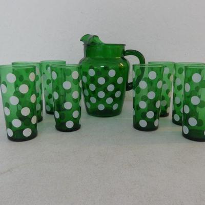 Vintage 1950s Anchor Hocking 2-Quart Pitcher with Ice Lip & 8 Tumblers - Forest Green/White Polka Dot