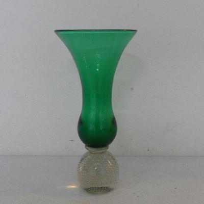 Vintage 1943-1961 Erickson Glass (Carl Erickson) Emerald Green Hourglass Vase with Clear Controlled Bubble Base