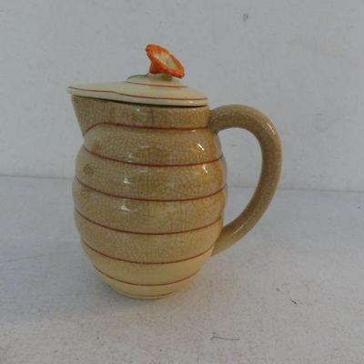Vintage Made in Japan Ceramic Beehive Honey Pitcher with Orange Flower on Lid