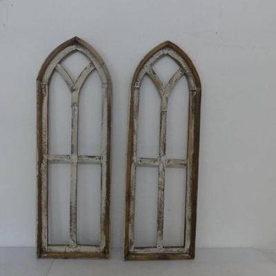 Vintage Distressed White Wood Pair of Cathedral Window Wall Hangings