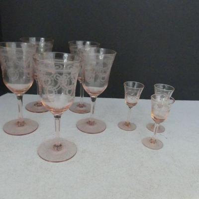 Vintage Pink Depression Glass Stemware - 3 Cordials & 5 5Â¾