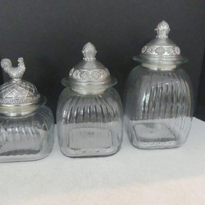 Vintage Artland Glass Pewter Lid Canister Set - 3 Pieces