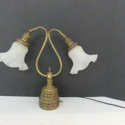 Vintage Double Arm Brass Table Lamp with Frosted Glass Shades - 15
