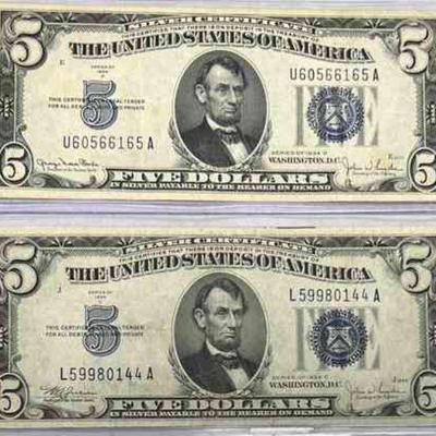 SST355 - A Pair of Silver Certificate $5 Five Dollars Banknotes