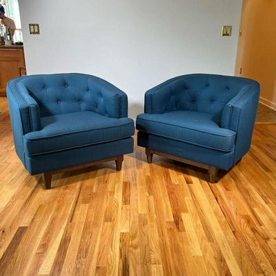 (2PC) MODWAY TUFTED LOUNGE CHAIRS | Mid-century modern style club / armchairs, blue tufted upholstery on wood frames. - l. 33 x w. 35 x...