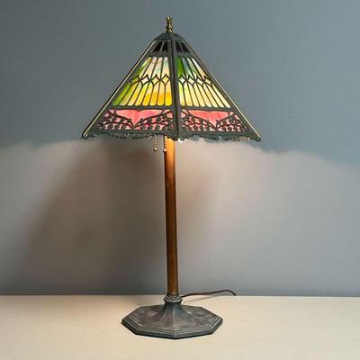SLAG GLASS LAMP | Copper table lamp: colored slag glass lamp shade on a copper base. h. 23-1/2 x dia. 15 in