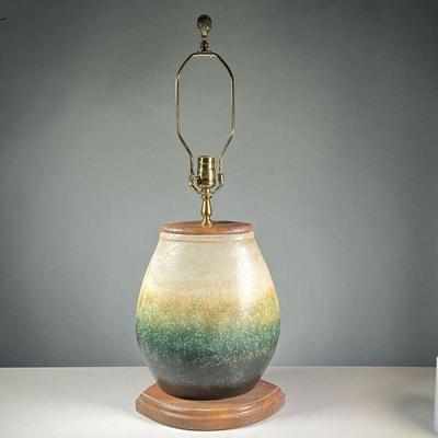 ART CERAMIC LAMP | Art pottery table lamp with wood top and base, ovoid shape with ombre gradient glaze - h. 13 in (ceramic only) - w. 12...