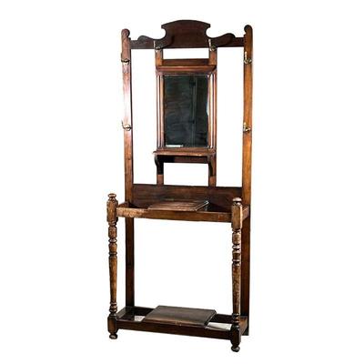 OAK HALL TREE | Having a small shelf in middle and bottom, inset mirror, with 6 hooks around the top and side. - l. 33 x w. 13 x h. 77 in