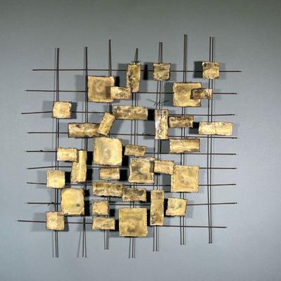 (ATTR) WILLEM DEGROOT WALL SCULPTURE | Vintage mid-century brutalist wall hanging sculpture designed with a grid work of different size...