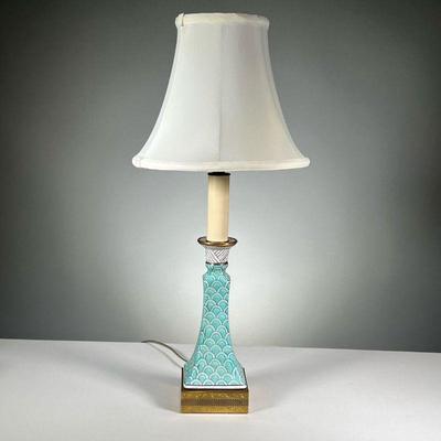 ENAMELED TABLE LAMP | Blue enameled Chinese style table lamp with a tapered white shade, on a brass bass. - h. 22.5 in (over shade)