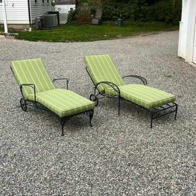 (2PC) PATIO LOUNGE CHAIRS | Two similar green painted lounge chairs, with green striped cushions. - From a Mount Kisco, NY gentleman