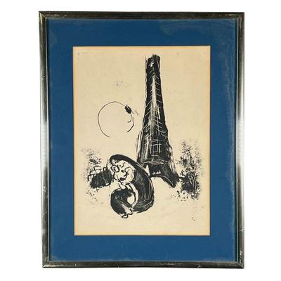 AFTER MARC CHAGALL | Monochrome lithograph after Marc Chagall, showing mother and children before the Eiffel tower; no apparent signature...