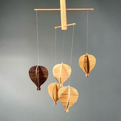 WOOD MOBILE | Minimalist hanging mobile with five hot air balloons of different toned wood. w. 14 x h. 21 in (approx.)