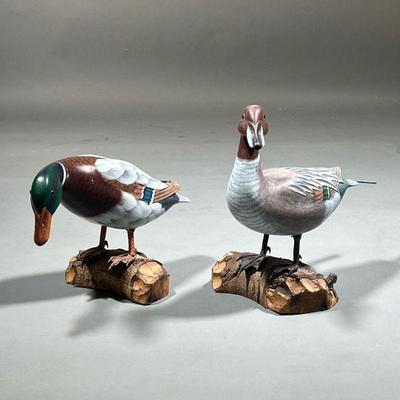 (2PC) CARVED SHOREBIRDS | Carved and painted wood ducks, including a Mallard Drake. l. 13 x w. 8 x h. 11 in