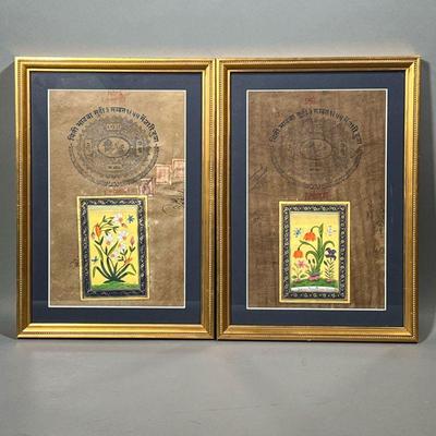 (2PC) INDIAN GOUACHE PAINTINGS | Juypoor government stamps (two annas) with hand painted flowers with gilt decorations. w. 12 x h. 16.5...