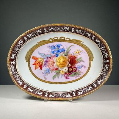 MEISSEN HAND PAINTED PLATTER | Decorated with blooming flowers in reserve, with border in relief and gilt braided rim; blue underglaze...