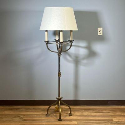 BRASS FLOOR LAMP | Contemporary brushed brass floor lamp with four lights and four legs, single tapered shade. - h. 61-1/2 x dia. 20 in...