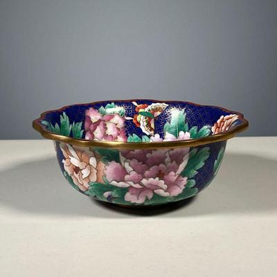 CHINESE CLOISONNÃ‰ BOWL | Blue cloisonnÃ© bowl with floral motif and scalloped edges. - h. 3 x dia. 7.25 in