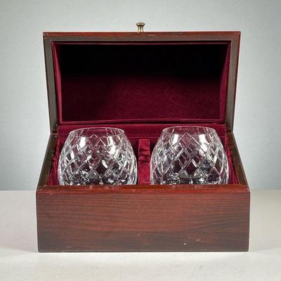 (2PC) PAIR CARTIER SNIFTERS | Made in England, cut crystal brandy/cognac snifters in a velvet lined presentation box. - l. 10.5 x w. 6 x...