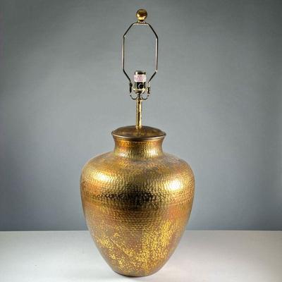 RAJAN GOLD LEAF TABLE LAMP | Hammered metal, bulbous form. - h. 17 x dia. 13 in