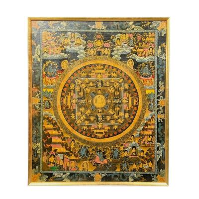 ANTIQUE BUDDHA THANGKA | Showing patterns, figures, gods, and dragons among clouds, engaged in various activities. - w. 16 x h. 19.25 in...