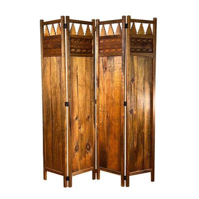 WOODEN 4-PANEL FLOOR SCREEN | Adirondack-style floor screen with carvings of canoes, bears, and moose. - w. 14.5 x h. 72 in (Each panel)