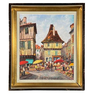 FRENCH SCHOOL (20TH CENTURY) | Place Mecadiale - Maison du Coussul Oil on canvas Depicting a marketplace village scene Titled and signed...
