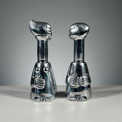 (2PC) CARROL BOYES PEWTER VESSELS | Polished pewter man and woman figural bottles, likely for olive oil and vinegar, with rubber...