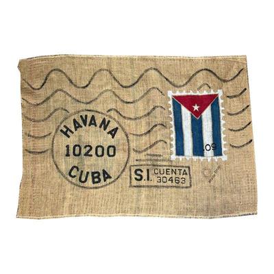 BURLAP DECORATIVE FLOOR MAT | Havana Cuba postage stamp on one side, Cafes do Brasil on the other. - w. 39 x h. 27 in