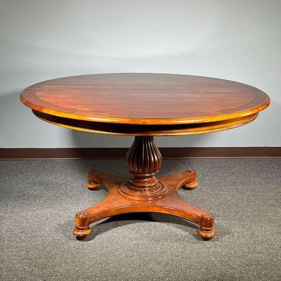 ETHAN ALLEN EXTENSION DINING TABLE | Round pedestal dining table, with one 20-inch leaf. h. 30 x dia. 56 in (approximately)