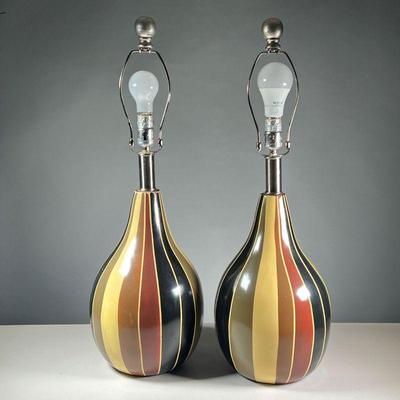 (2PC) PAIR PAINTED GOURD FORM LAMPS | Table lamps with vertical stripe painted decoration - h. 15 in. (Gourd section only) - h. 28 x dia....