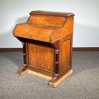 DAVENPORT DESK | Antique Davenport desk with unusual push top compartment with letter holder. - l. 24.5 x w. 21.25 x h. 35 in
