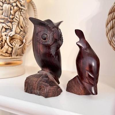 Wood Carved Miniatures Owl & Quail
