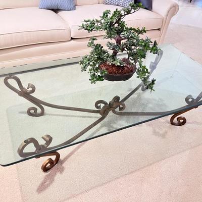 Thick Glass Top Ornate Wrought Iron Coffee Table