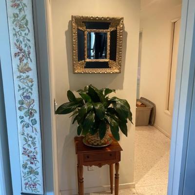 vintage hall table, plant & mirror.
