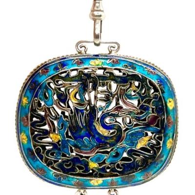 #83 â€¢ Antique Asian CloisonnÃ© Sterling Silver Pendant on Sterling Watch Chain

