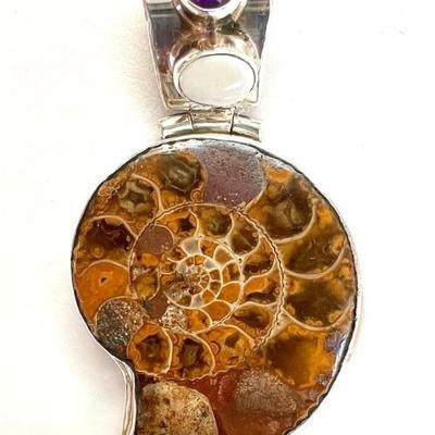 #50 â€¢ Sterling and Ammonite Fossil Pendant w/ Opal and Purple Amethyst
