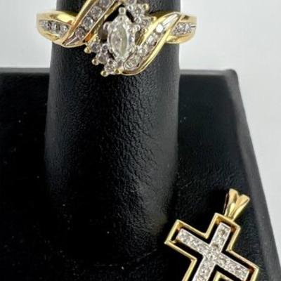 #36 â€¢ 14K Gold/ Marquis-Cut Diamond Ring, Size 7 AND 10K Gold Cross Pendant w/ Diamonds
